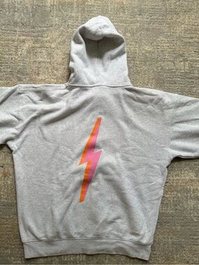 womans Gray Hoodie with Pink & Orange Bolt Graphic